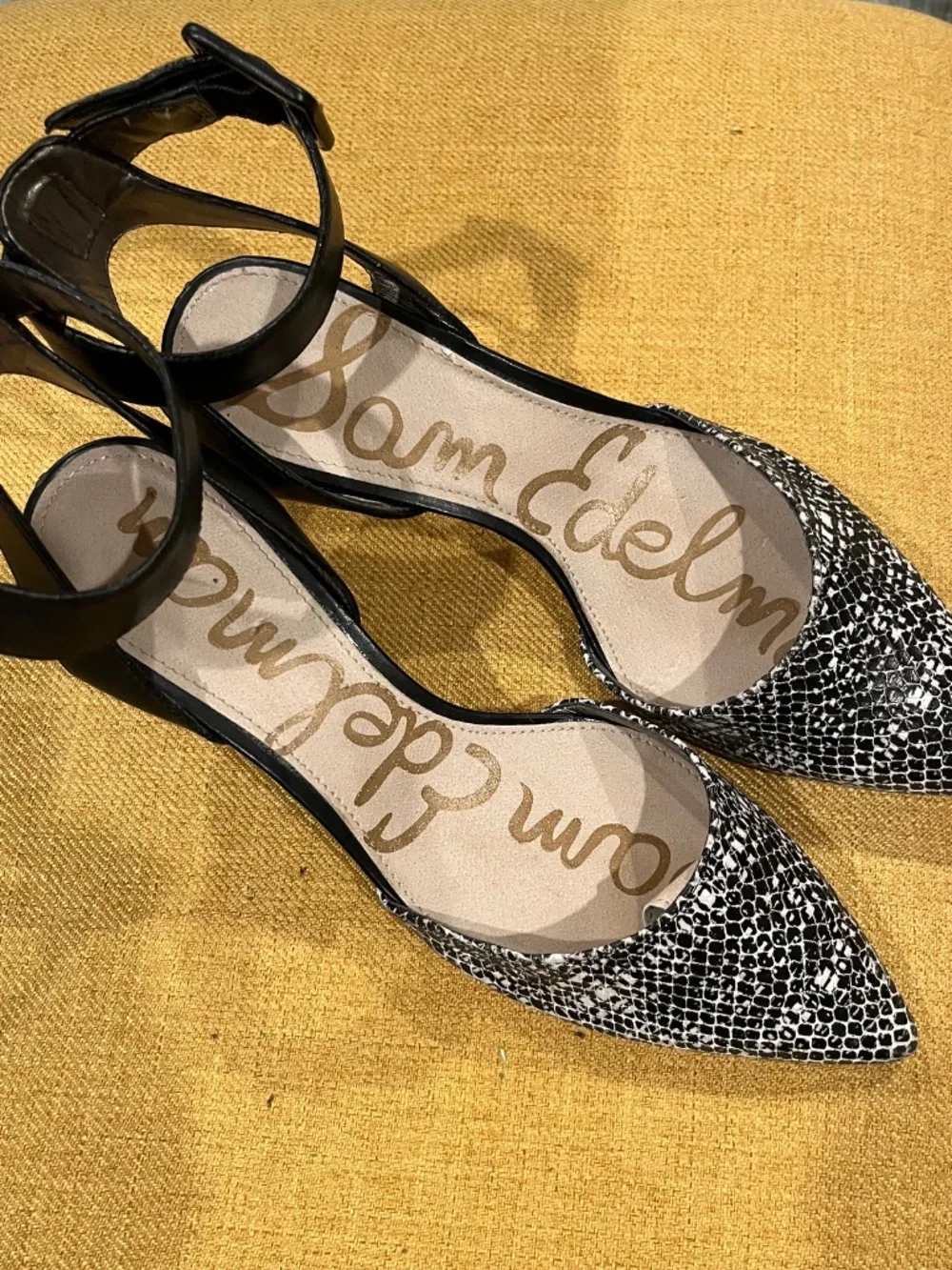 Sam Edelman Ankle Strap Shoes Black/White Snakeskin Design Size 9